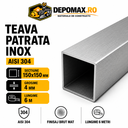 Teava patrata inox AISI 304, 150 x 150 x 4 mm, 6 metri